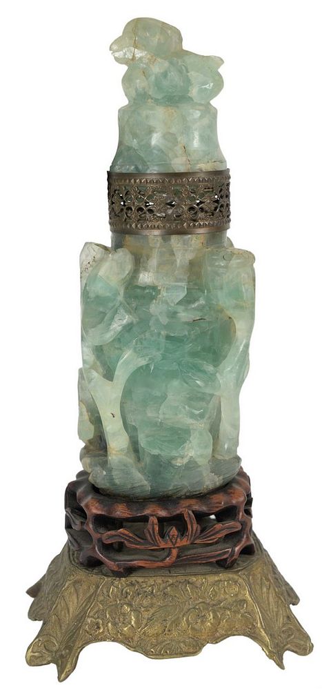 Appraisal: Carved Green Quartz Table Lamp on carved hardstone base total