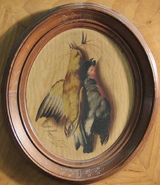 Appraisal: Michelangelo Meucci Italian - A trompe l'oeil of songbirds also