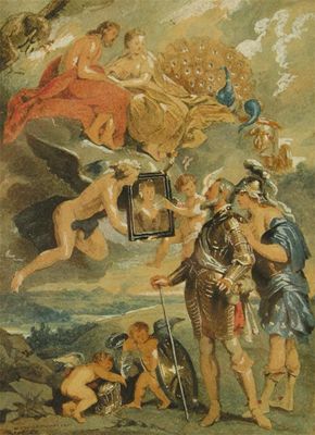 Appraisal: A watercolour depicting a mythological scene of a knight being