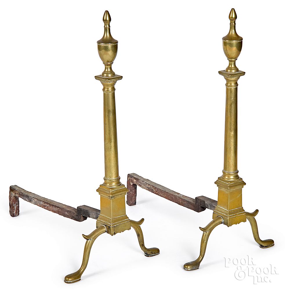 Appraisal: Pair of Federal brass urn top andirons Tall pair of