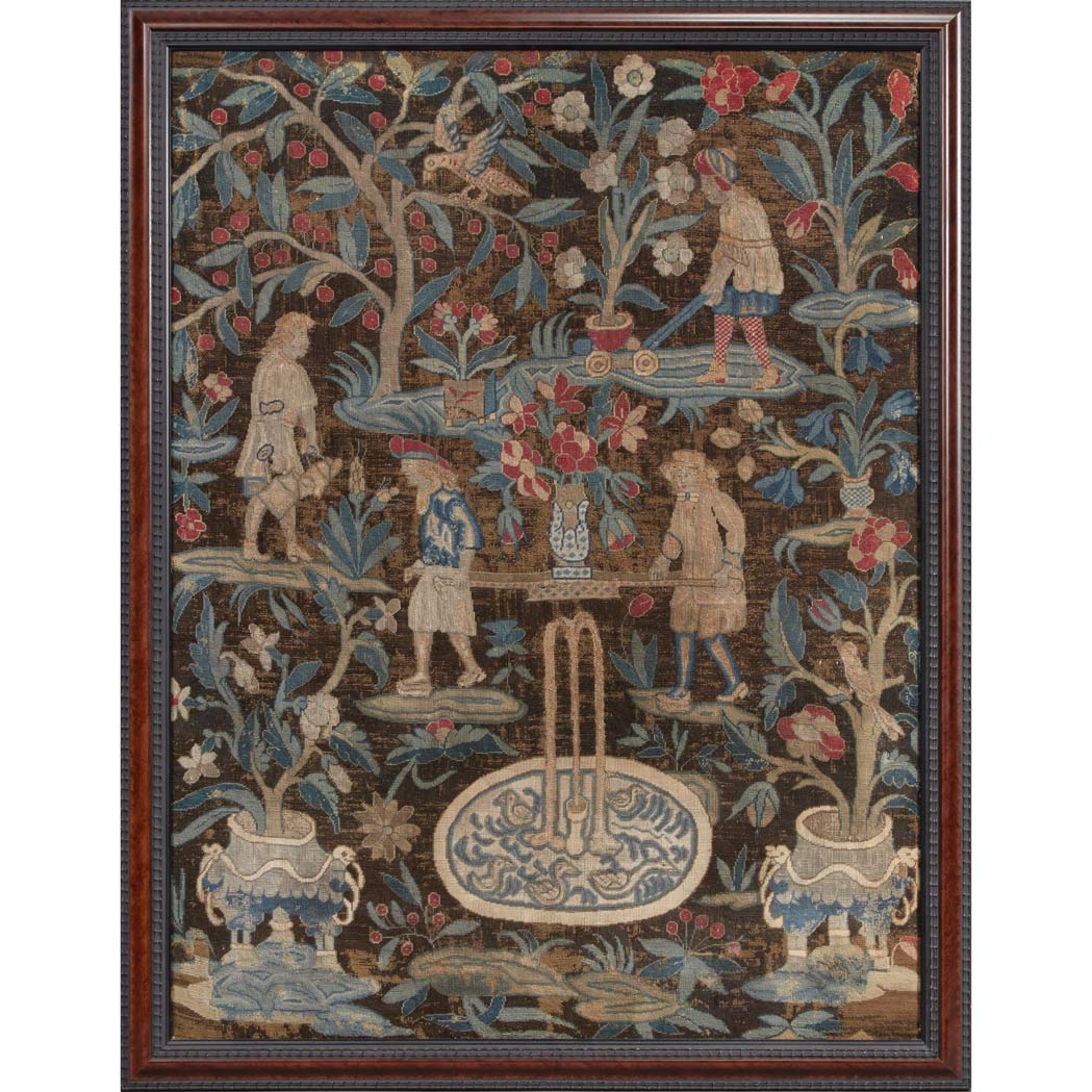 Appraisal: Continental Multicolored Needlework Panel of a Garden Scene Probably Dutch