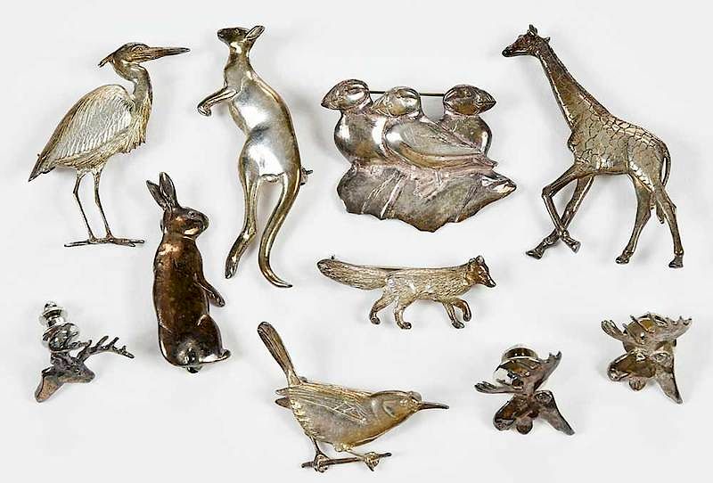 Appraisal: V Pond Sterling Silver Brooches and Pins including birds fox