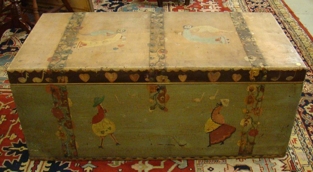 Appraisal: PAINTED LIFT-TOP BLANKET CHEST Late th CenturyWith Peter Hunt-style decoration