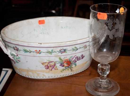 Appraisal: German paint decorated porcelain two-handled center bowl and an etched