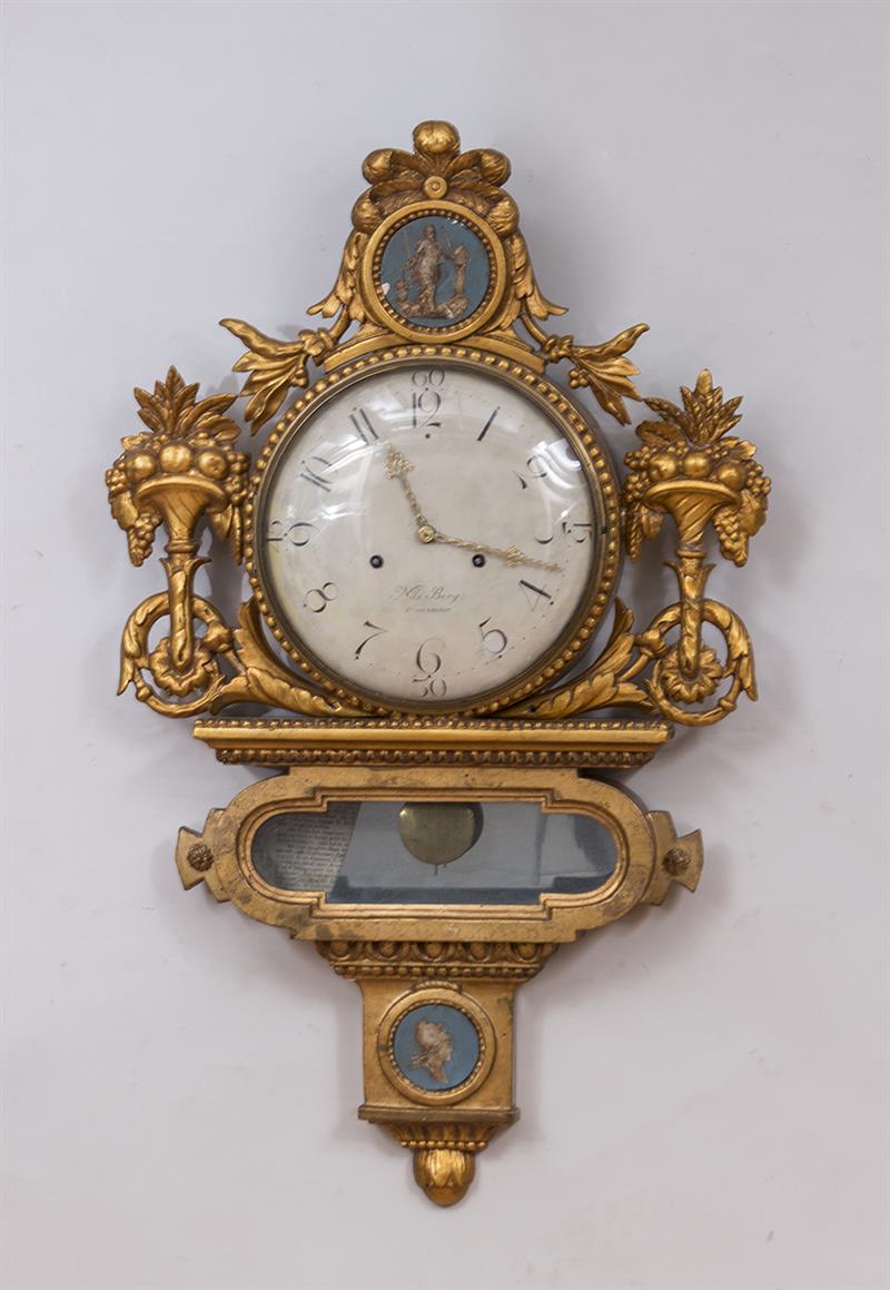 Appraisal: Swedish Neoclassical Giltwood Wall Clock With painted rondels signed 'Niles