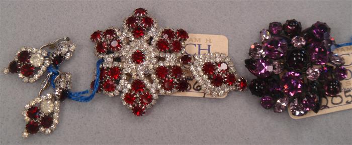 Appraisal: Red and clear rhinestone pin and matching earrings and shades