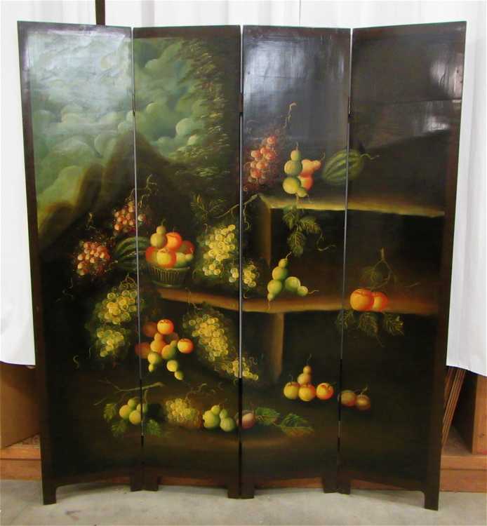 Appraisal: STILL LIFE PAINTED FOUR-PANEL FLOOR SCREEN the primary side decorated