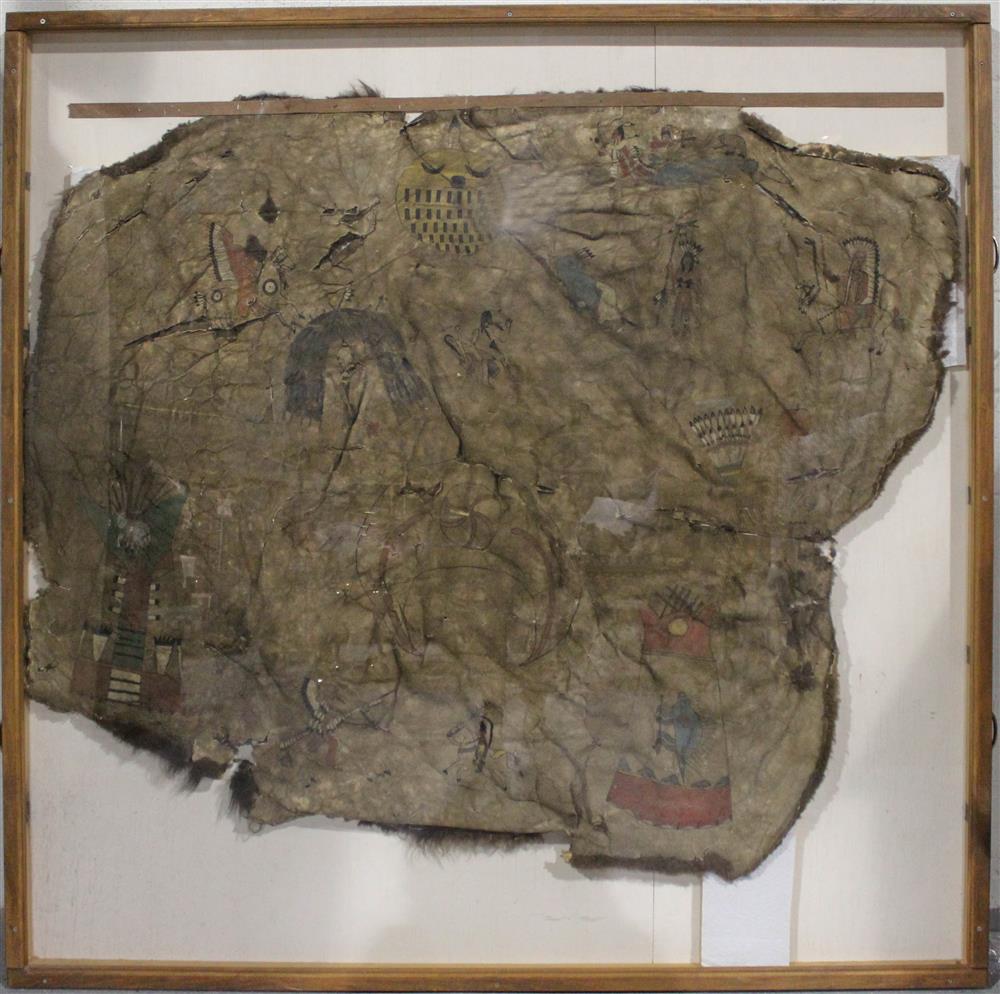 Appraisal: PAINTED BUFFALO HIDE IN FRAME Provenance a Virginia private collection