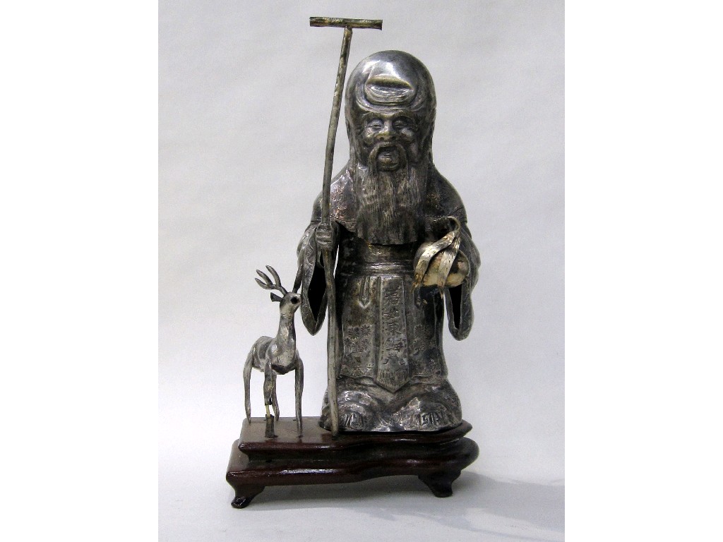 Appraisal: Chinese white metal figure of a man with a staff