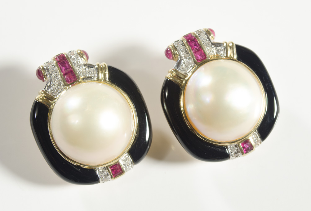 Appraisal: PAIR OF RUBY MABE PEARL AND DIAMOND EARRINGS Each k