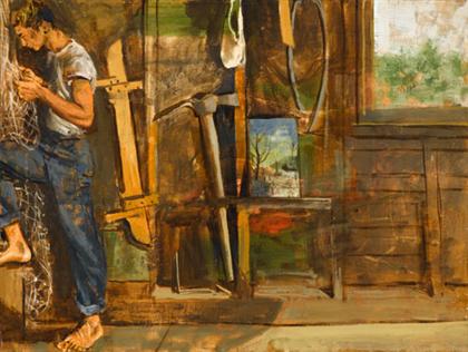 Appraisal: WALTER STUEMPFIG american - MENDING THE NET Oil on canvas