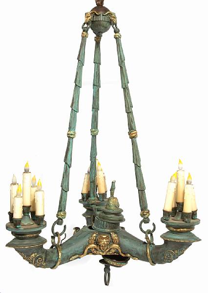 Appraisal: An Empire style gilt and patinated bronze fifteen light three