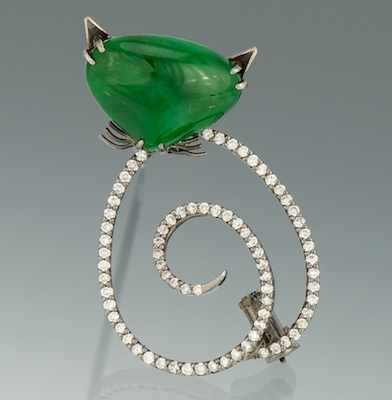 Appraisal: A Natural Jadeite and Diamond Cat Brooch Blackened k gold