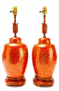 Appraisal: Pair Chinese Export Red Gilt Ginger Jar Lamps Chinese th