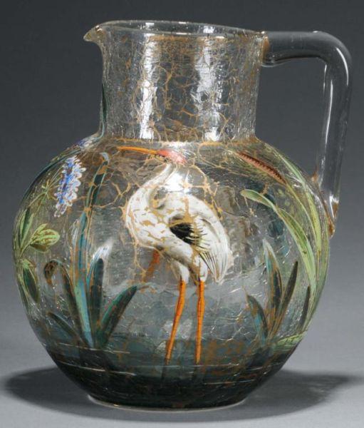 Appraisal: Moser Crackle Glass Enameled Pitcher Description Circa Condition Excellent Size