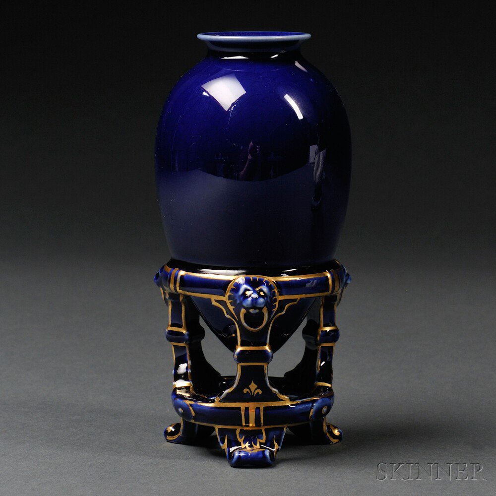 Appraisal: Minton Majolica Cobalt Blue Decorated Amphora Vase England gilded trim