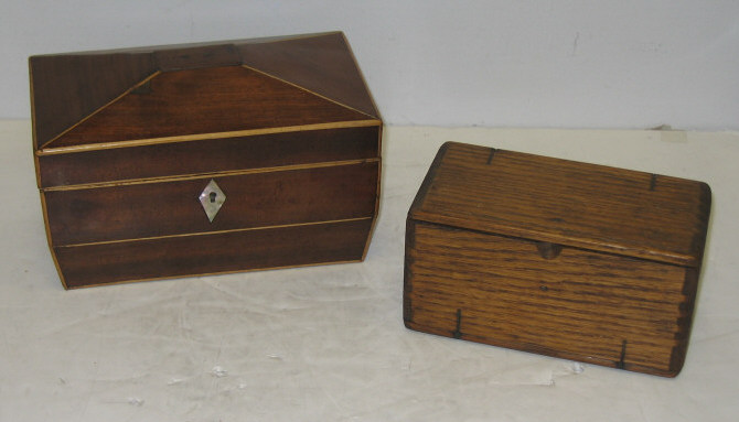 Appraisal: INLAY FRUITWOOD TEA CADDY AND OAK BOX English Regency sarcophagus