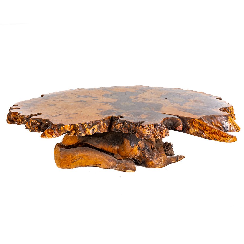 Appraisal: Hollands Redwood Burled Live Edge Coffee Table Natural wood base