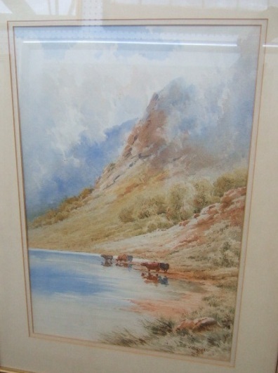 Appraisal: Henry Decon Hillier - Highland cattle watering watercolour signed cm