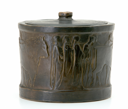 Appraisal: BRUSHGUILD Exceptional biscuit jar and cover deeply carved by Lucy