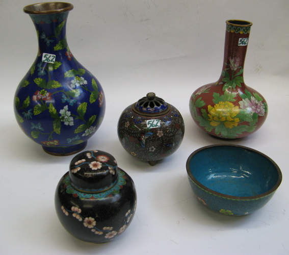 Appraisal: FIVE PIECES OF CHINESE AND JAPANESE CLOISONNE ENAMEL including a