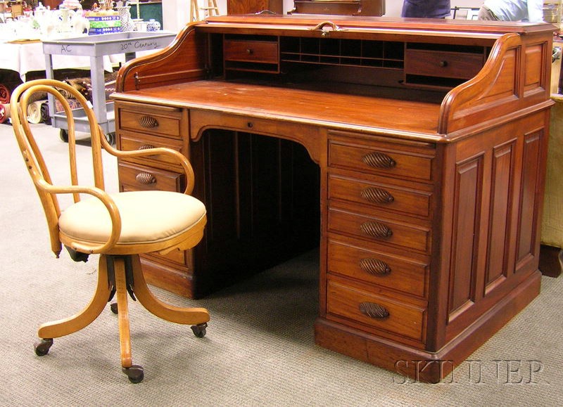 Appraisal: Early th Century Cherry and Mahogany Roll-top Desk with Bentwood