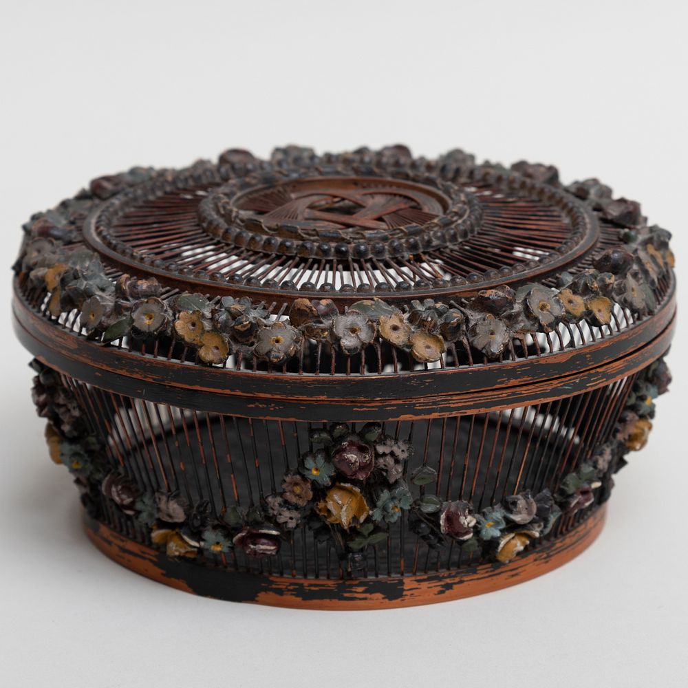 Appraisal: Victorian Basket and Cover with Applied Decoration x in Condition