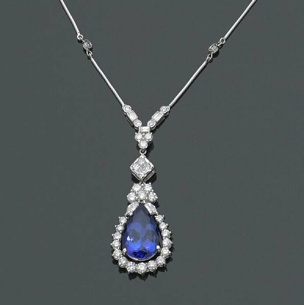 Appraisal: A tanzanite and diamond pendant necklace tanzanite weighing approximately carats