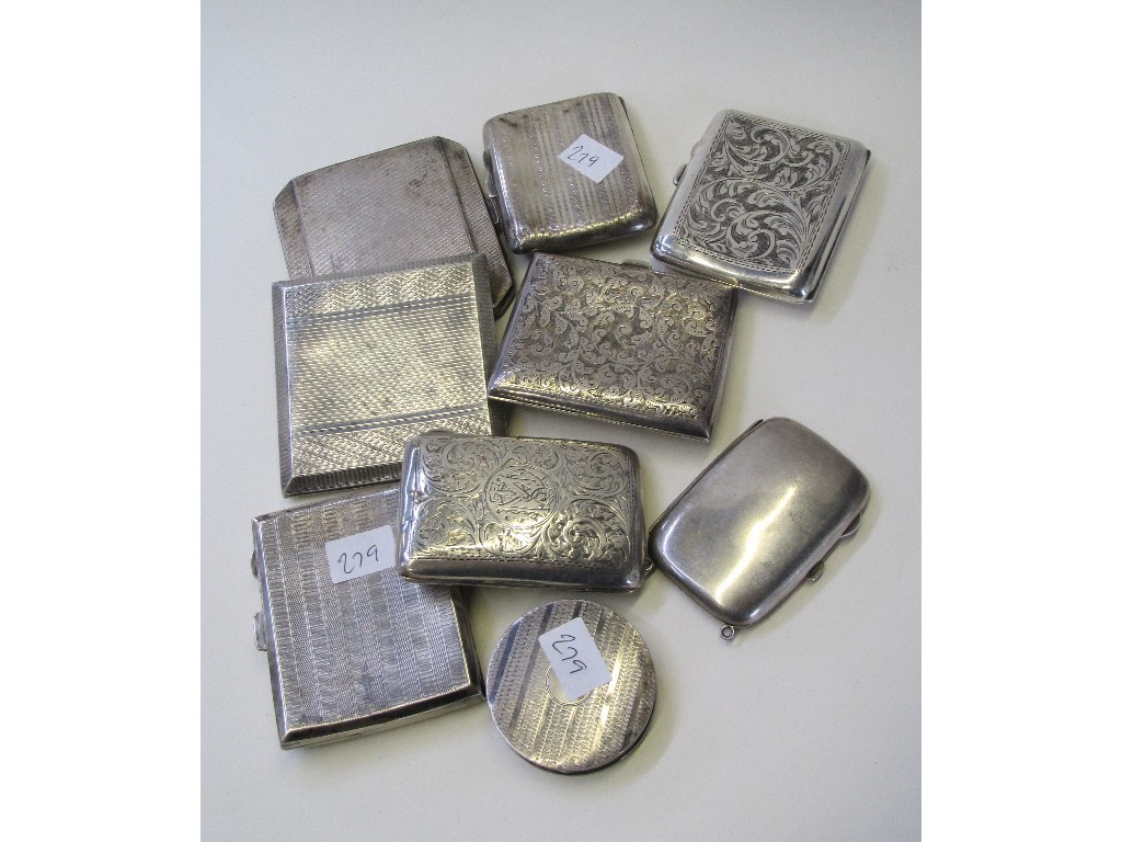 Appraisal: Lot comprising eight silver cigarette cases and a silver snuff