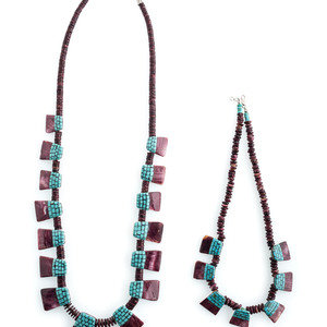 Appraisal: Kewa Spiny Oyster and Turquoise Mosaic Inlay Tab Necklaces late