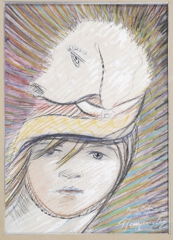 Appraisal: Energetic surrealist pastel and watercolor portrait of a young girl