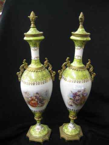 Appraisal: Pair of Porcelain Urns courting scenes bronzed mounts '' one