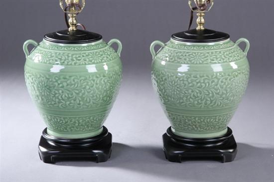 Appraisal: PAIR CHINESE CELADON PORCELAIN VASES Electrified - in high