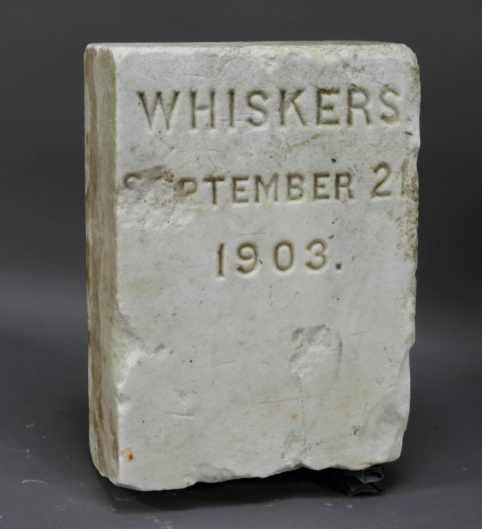 Appraisal: WHITE MARBLE WHISKERS CAT GRAVESTONE MARKER United States Square form