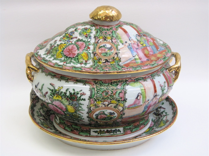 Appraisal: CHINESE PORCELAIN COVERED TUREEN UNDERPLATE famille rose with gold handles