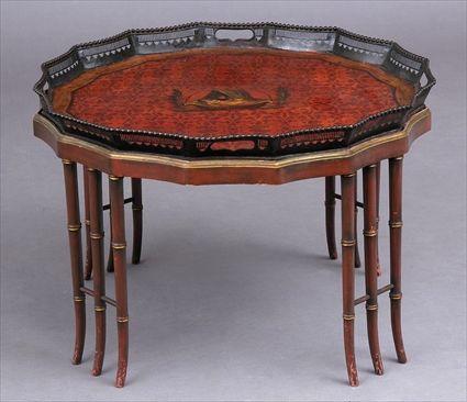 Appraisal: PONTYPOOL TRAY ON LATER PAINTED WOOD STAND The webbed gallery