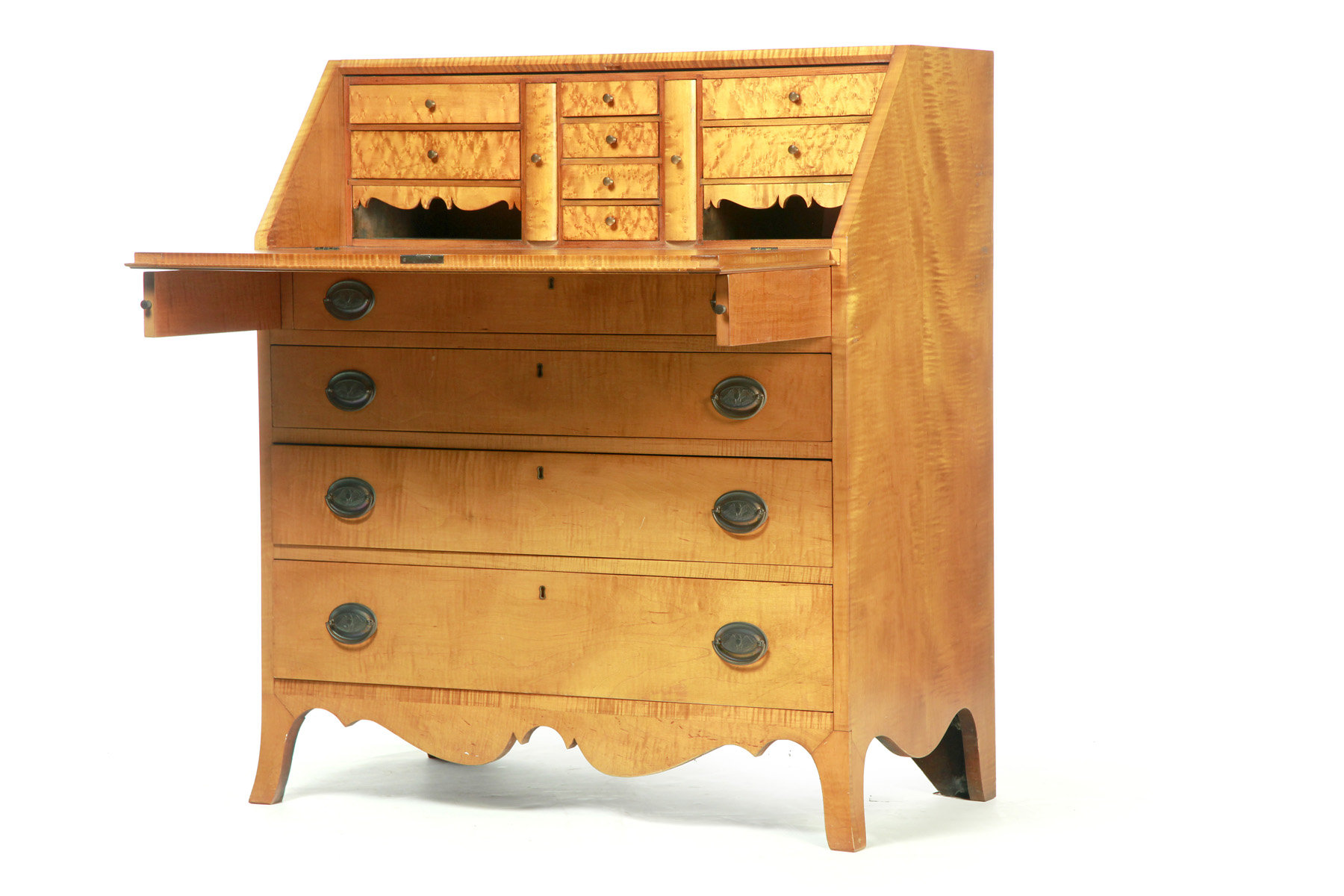 Appraisal: FOUR-DRAWER FALL-FRONT SECRETARY American nd half- th century Tiger maple