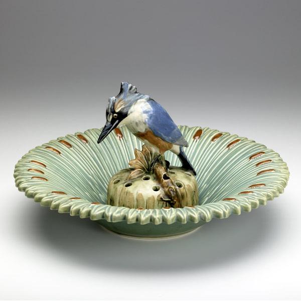 Appraisal: WELLER Ardsley cattail bowl and Kingfisher flower frog Minor fleck