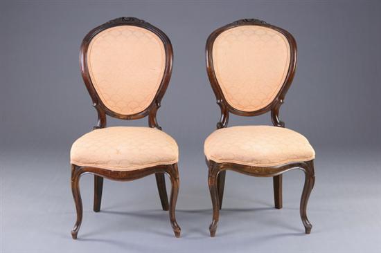 Appraisal: SET SIX BALLOON-BACK SIDE CHAIRS th century walnut with pale