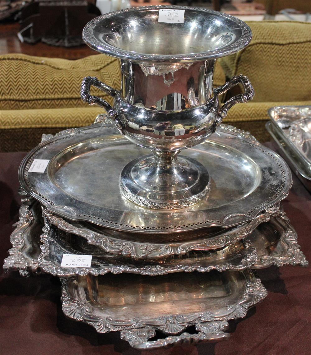 Appraisal: FIVE PLATED TRAYS AND WINE COOLER the assorted serving trays