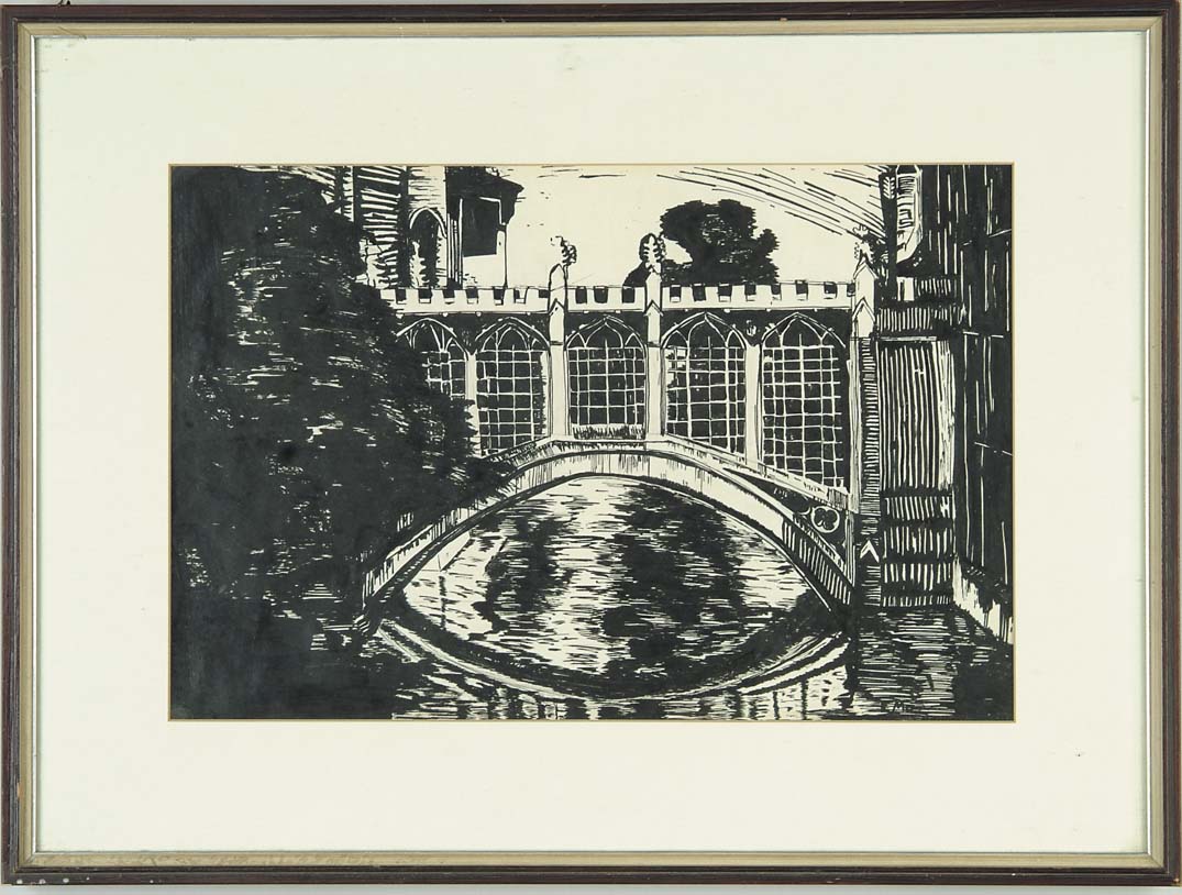 Appraisal: UNSIGNED th Century REFLECTING POOL Woodcut of water with bridge