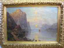 Appraisal: An oil on canvas of a lakeside cottage amongst mountains