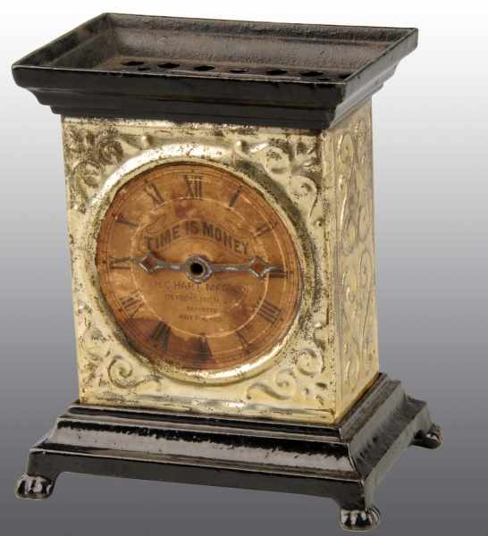 Appraisal: Cast Iron Tin Time is Money Clock Still Bank Description