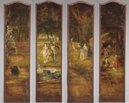 Appraisal: Continental Serpentine-Arched Painted Canvas Folding Screen first quarter th century