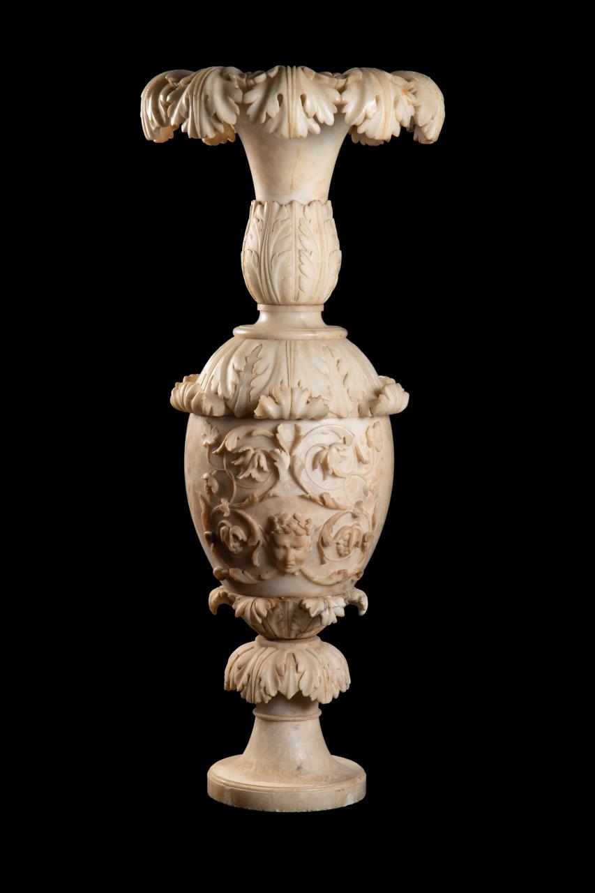 Appraisal: ITALIAN BAROQUE STYLE CARVED ALABASTER URN Italian carved alabaster two