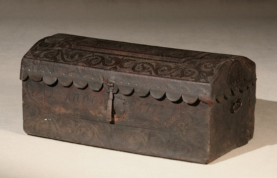 Appraisal: Spanish Colonial Steel-Mounted and Nail-Studded Tool Leather Covered Wood Coffer