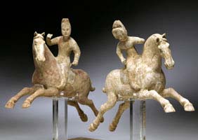 Appraisal: PAIR EARLY TANG POTTERY POLO PLAYERS Pair Chinese early Tang