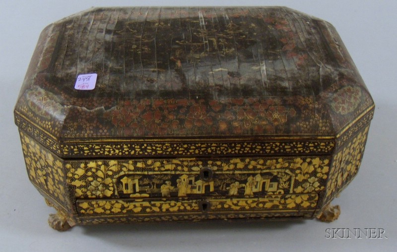 Appraisal: Chinese Export Gilt Decorated Black Lacquered Footed Sewing Box with