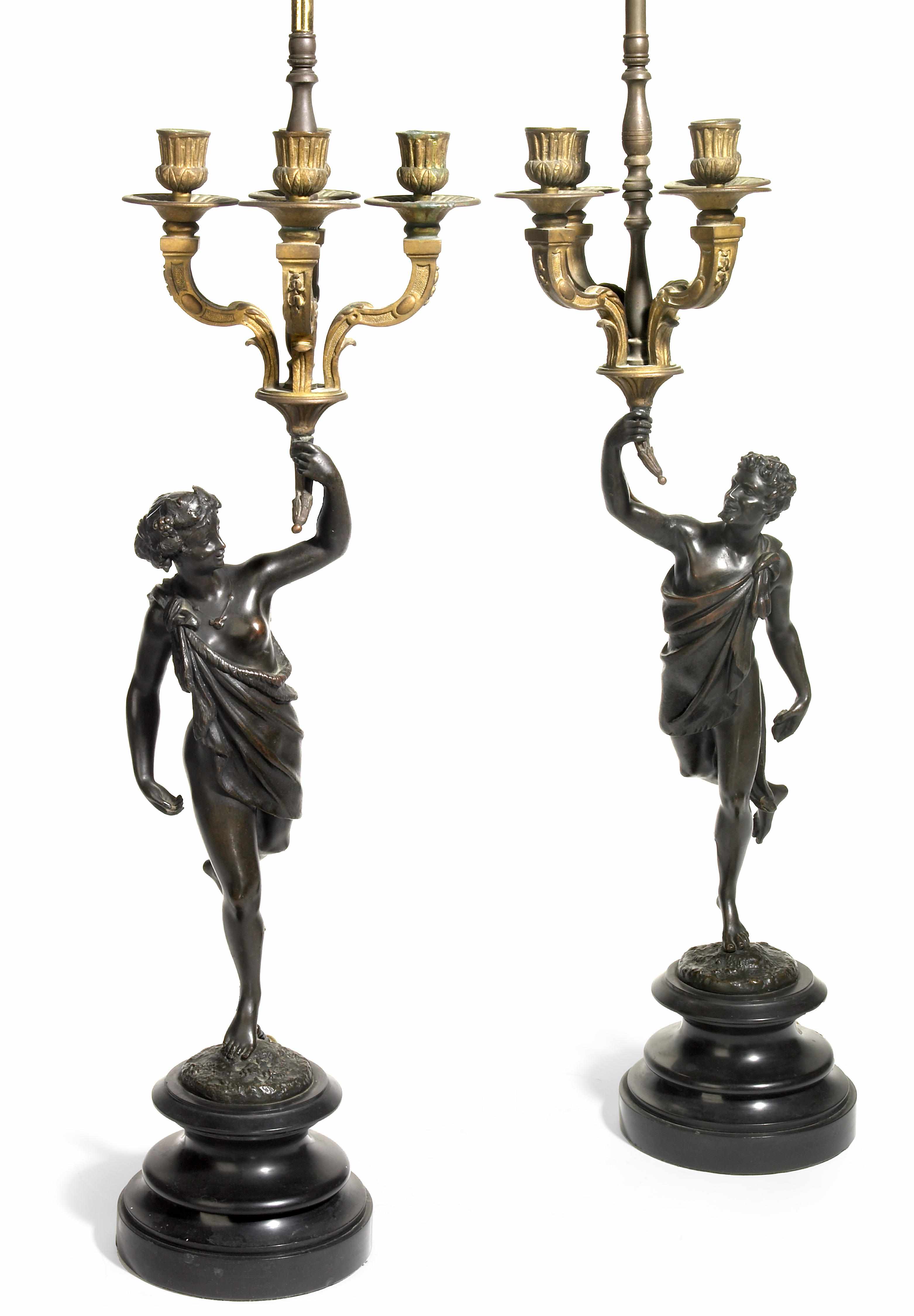 Appraisal: A pair of French gilt and patinated bronze figural candelabra