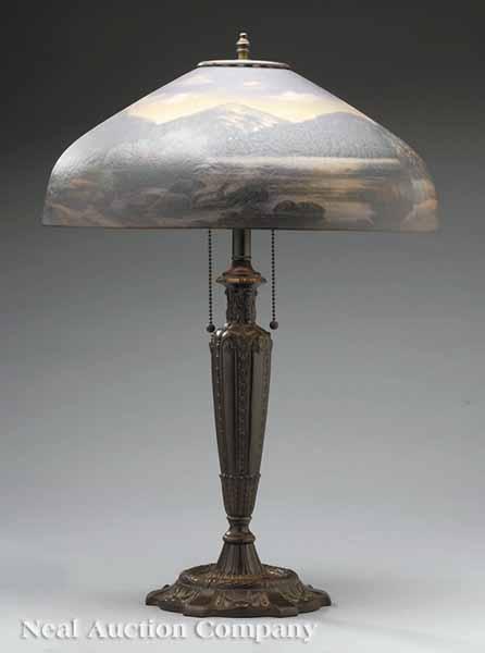 Appraisal: A Good American Bronzed Metal and Painted Glass Table Lamp